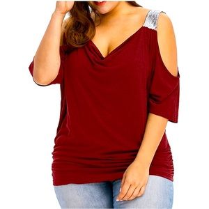 NEW Plus Size Cold Shoulder Wine Red Top With Silver Sequins